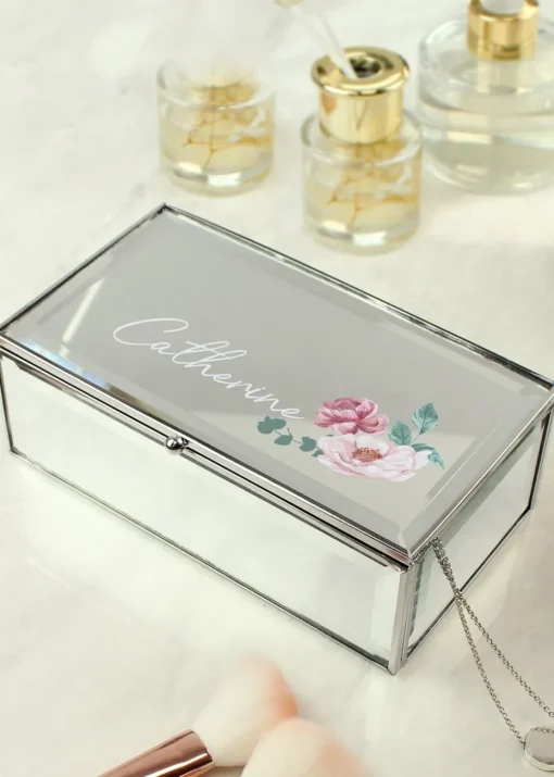 Personalised Memento Company Silver Floral Mirrored Jewellery Box