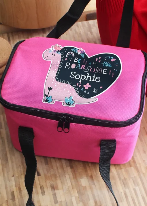 Personalised Memento Company Pink Dinosaur Lunch Bag