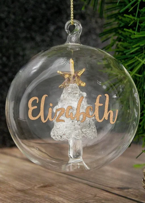 Personalised Memento Company Clear Gold Glitter Name Only Tree Glass Bauble