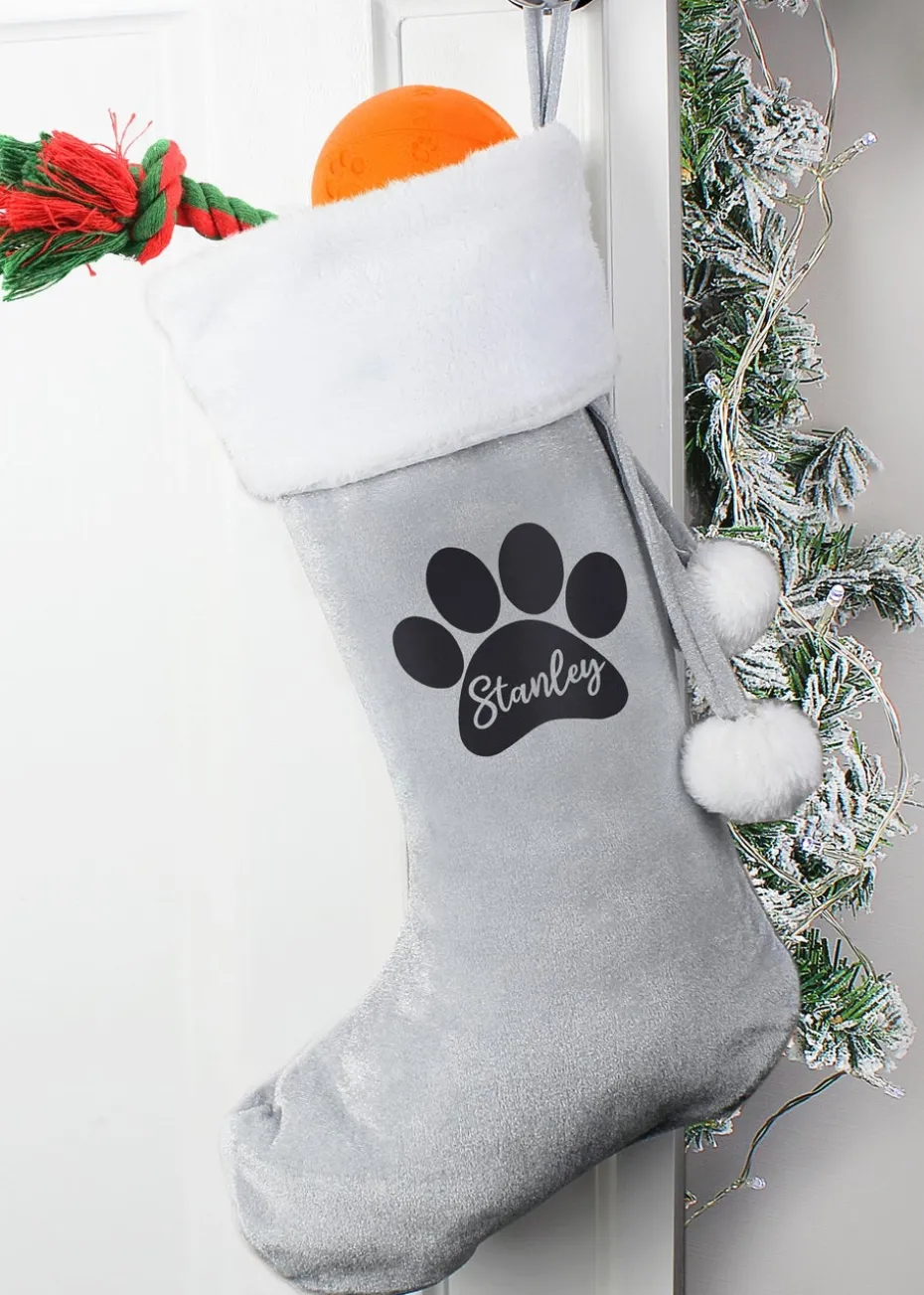 Personalised Memento Company Grey Paw Print Silver Stocking
