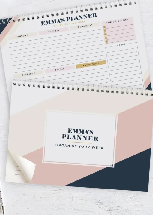Personalised Memento Company White Free Text Navy & Blush A4 Desk Planner