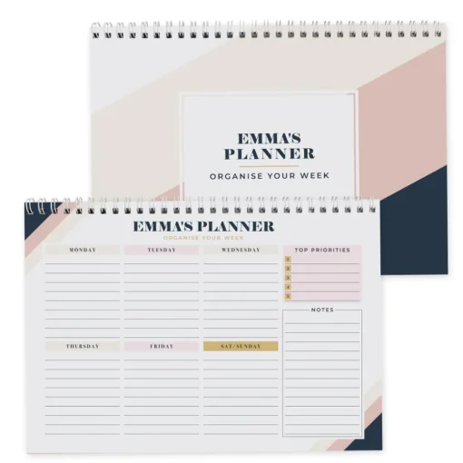 Personalised Memento Company White Free Text Navy & Blush A4 Desk Planner