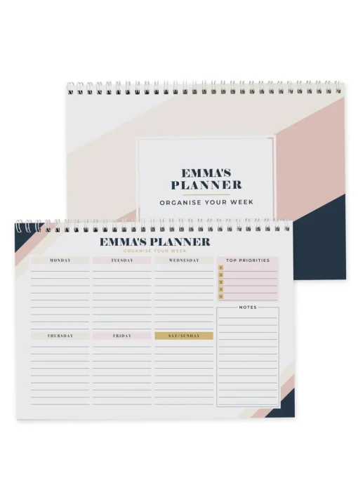 Personalised Memento Company White Free Text Navy & Blush A4 Desk Planner