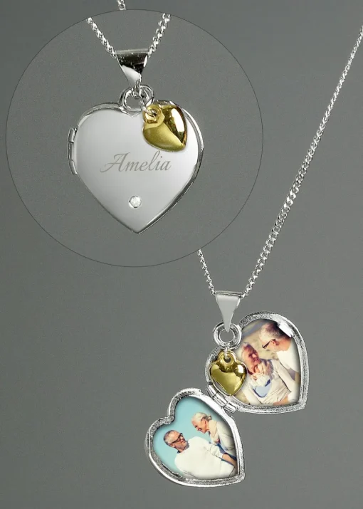 Personalised Memento Company Sterling Silver Heart Locket Necklace & 9ct Gold Charm