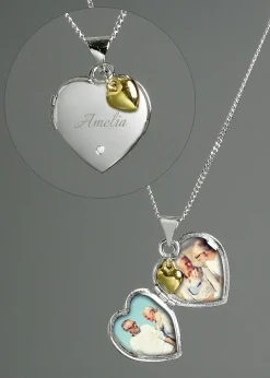 Personalised Memento Company Sterling Silver Heart Locket Necklace & 9ct Gold Charm