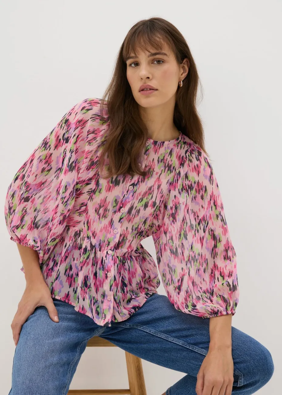 Pink Gathered Volume Sleeve Blouse