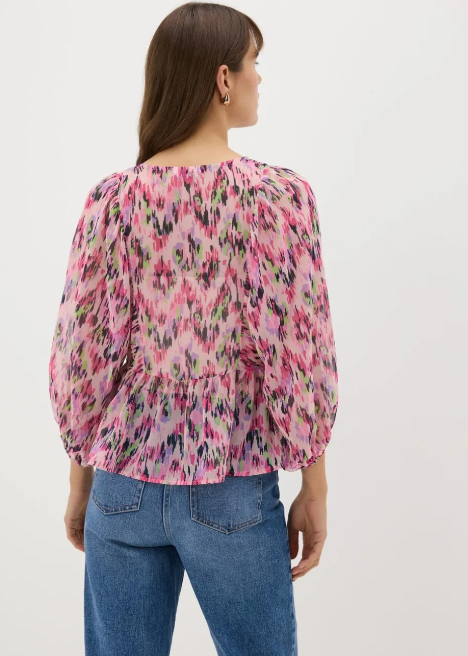 Pink Gathered Volume Sleeve Blouse