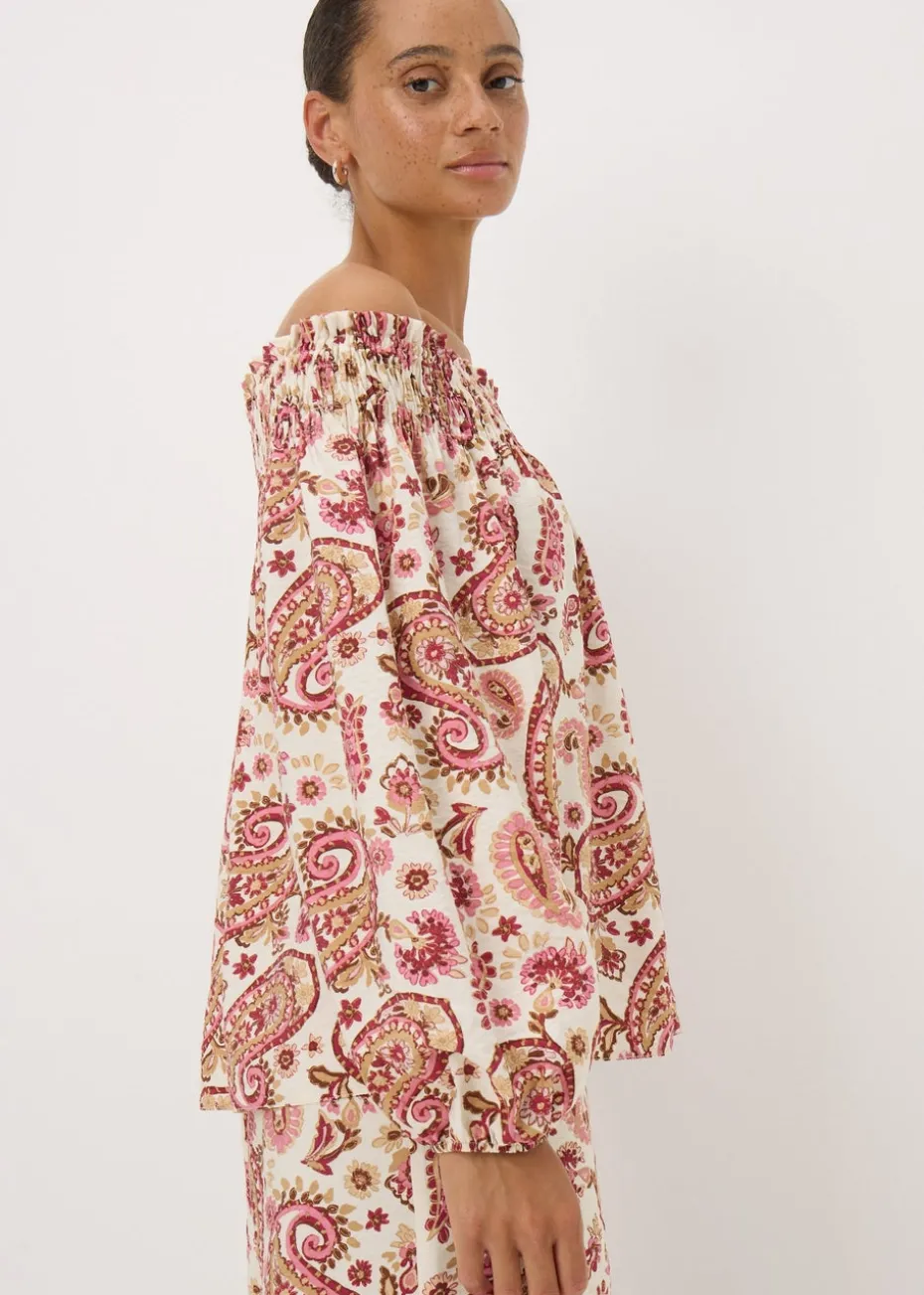Pink Paisley Print Shirred Bardot Top