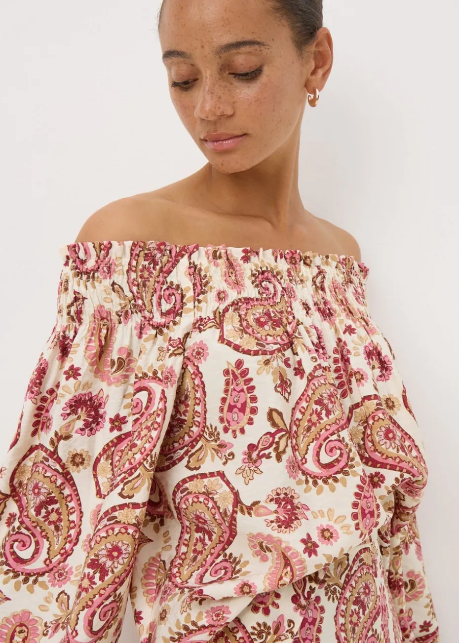 Pink Paisley Print Shirred Bardot Top