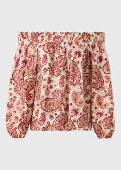 Pink Paisley Print Shirred Bardot Top
