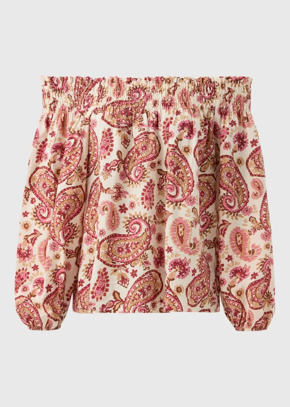 Pink Paisley Print Shirred Bardot Top