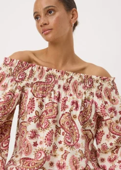 Pink Paisley Print Shirred Bardot Top