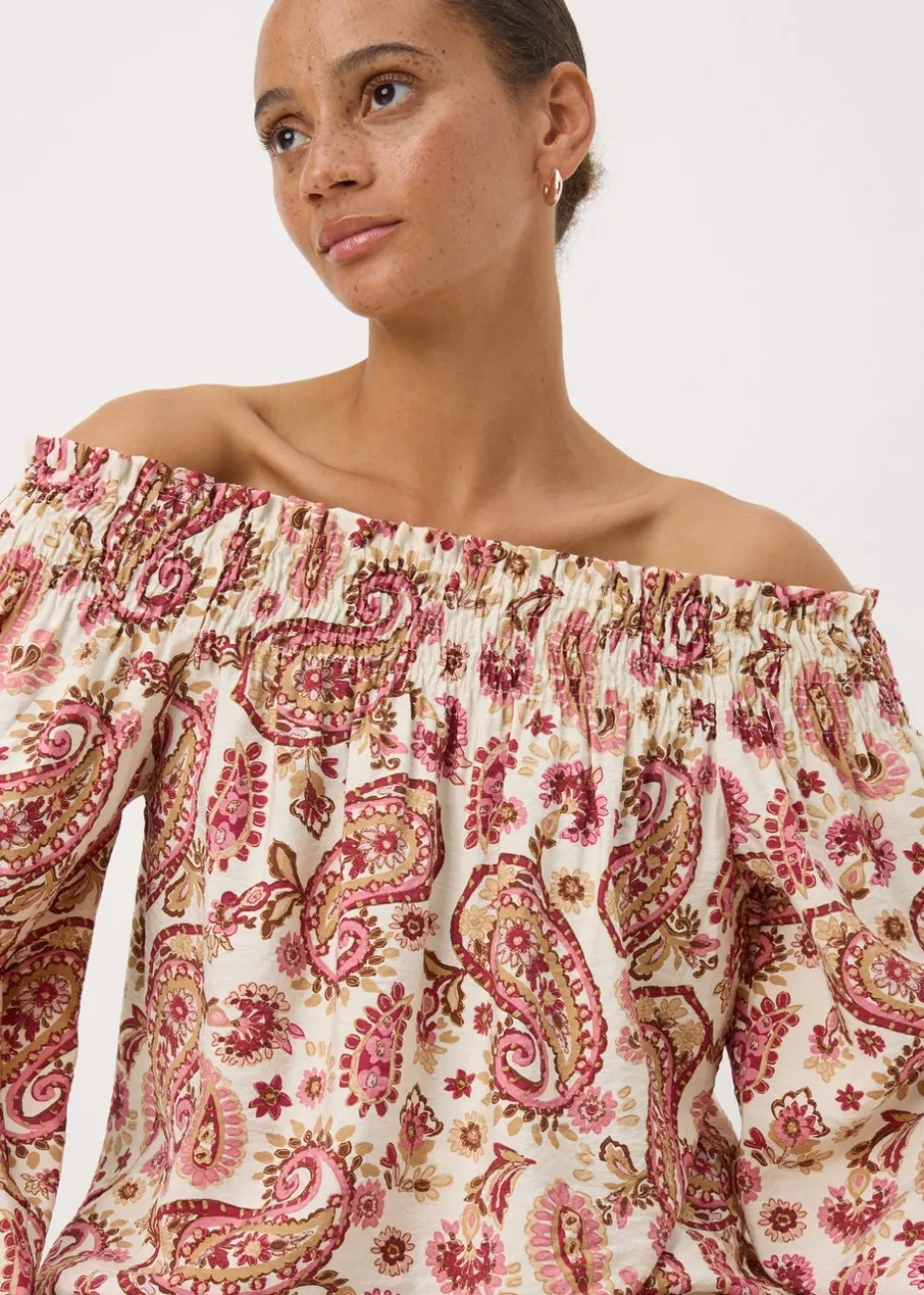 Pink Paisley Print Shirred Bardot Top