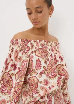 Pink Paisley Print Shirred Bardot Top
