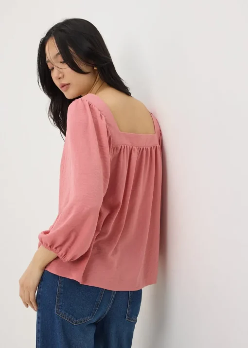 Pink Square Neck 3/4 Sleeve Blouse