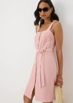 Pink Stripe Linen Blend Belted Mini Dress