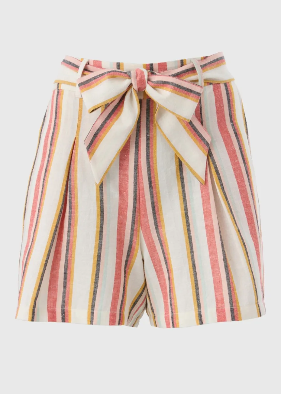 Pink Stripe Linen Blend Tie Shorts