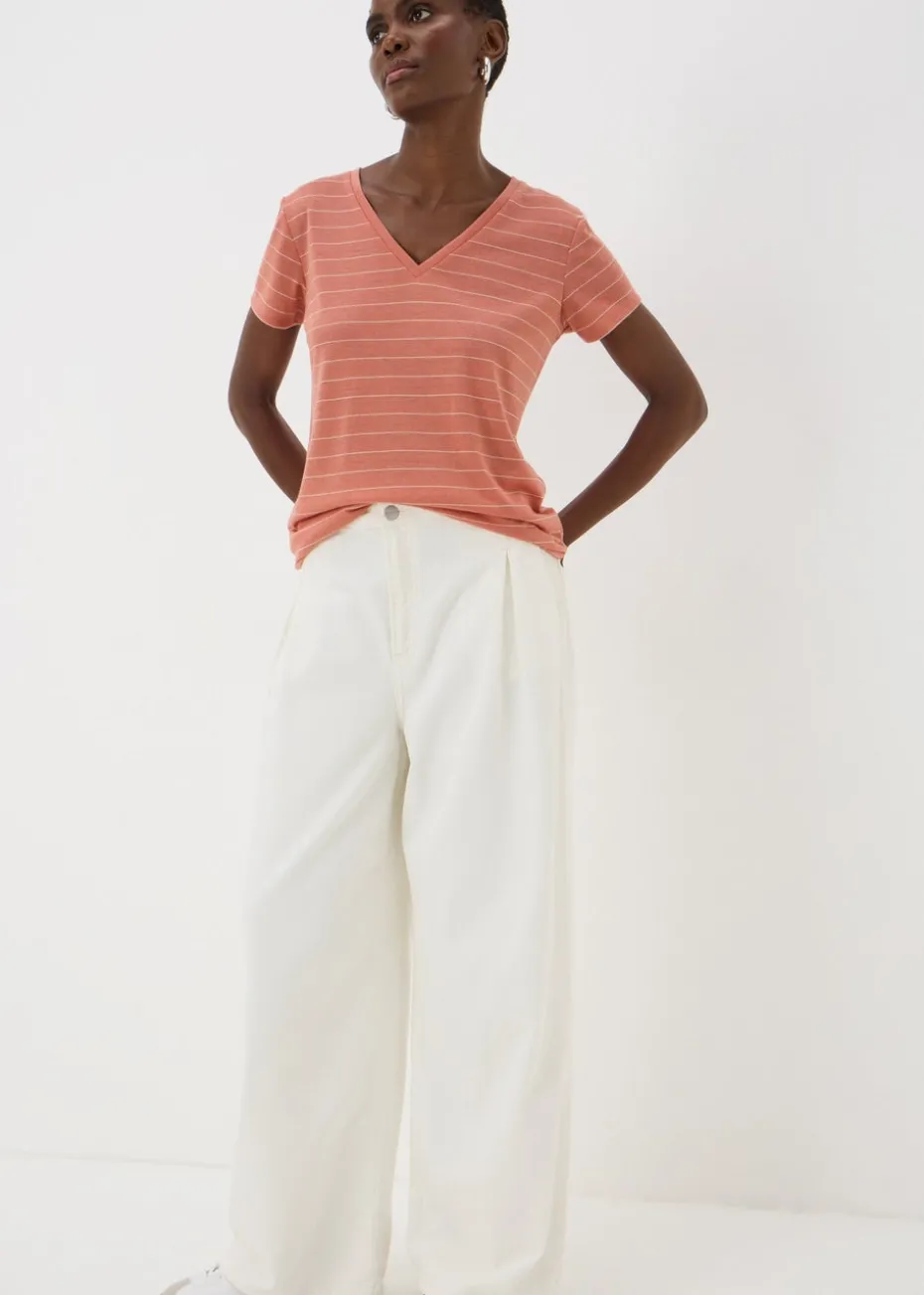 Pink Stripe Linen Blend V-Neck T-Shirt
