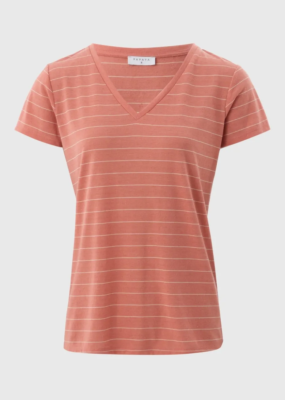Pink Stripe Linen Blend V-Neck T-Shirt