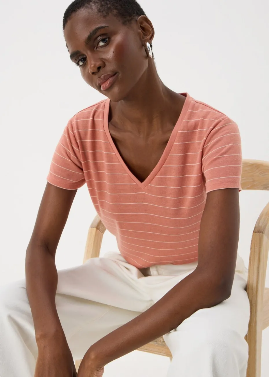 Pink Stripe Linen Blend V-Neck T-Shirt