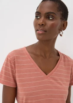 Pink Stripe Linen Blend V-Neck T-Shirt
