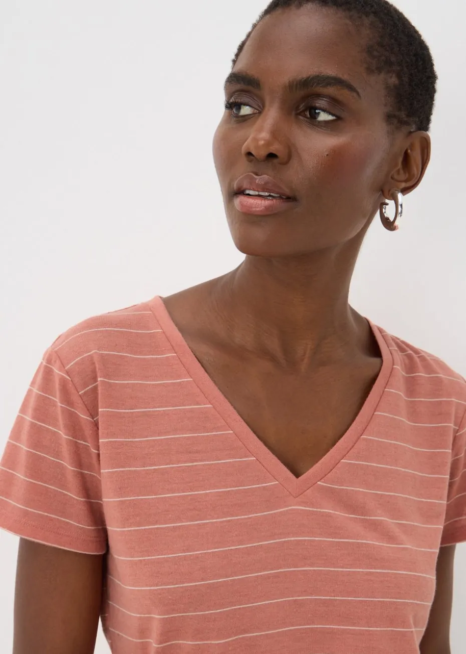Pink Stripe Linen Blend V-Neck T-Shirt