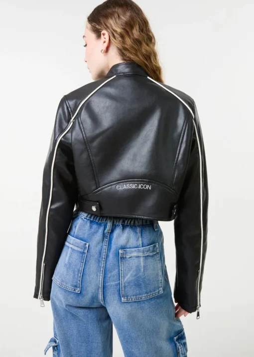 Pink Vanilla Black Badge Racer Cropped PU Jacket