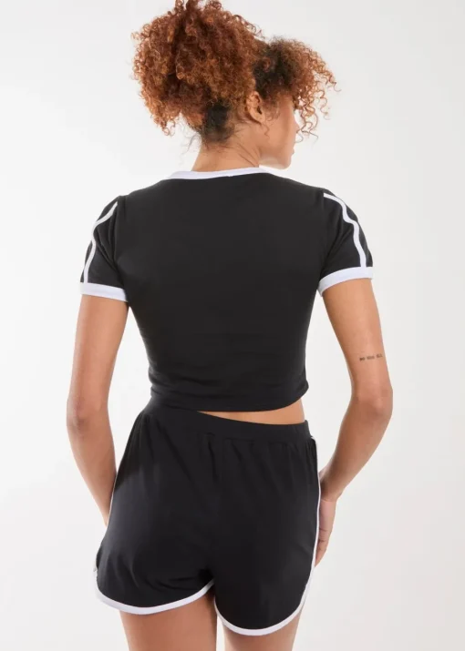 Pink Vanilla Black Contrast Piping Cropped T-Shirt