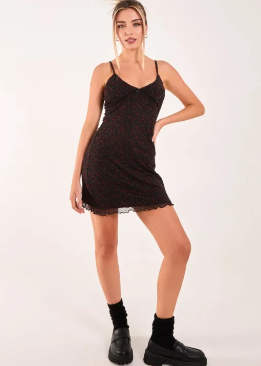 Pink Vanilla Black Ditsy Print Mesh Cami Dress