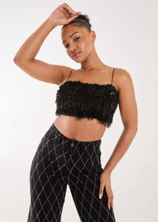 Pink Vanilla Black Feather Sequin Cami Top