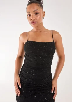 Pink Vanilla Black Glitter Mesh Ruched Midi Dress