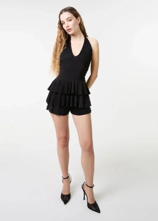 Pink Vanilla Black Lace Halter Neck Ruffle Playsuit