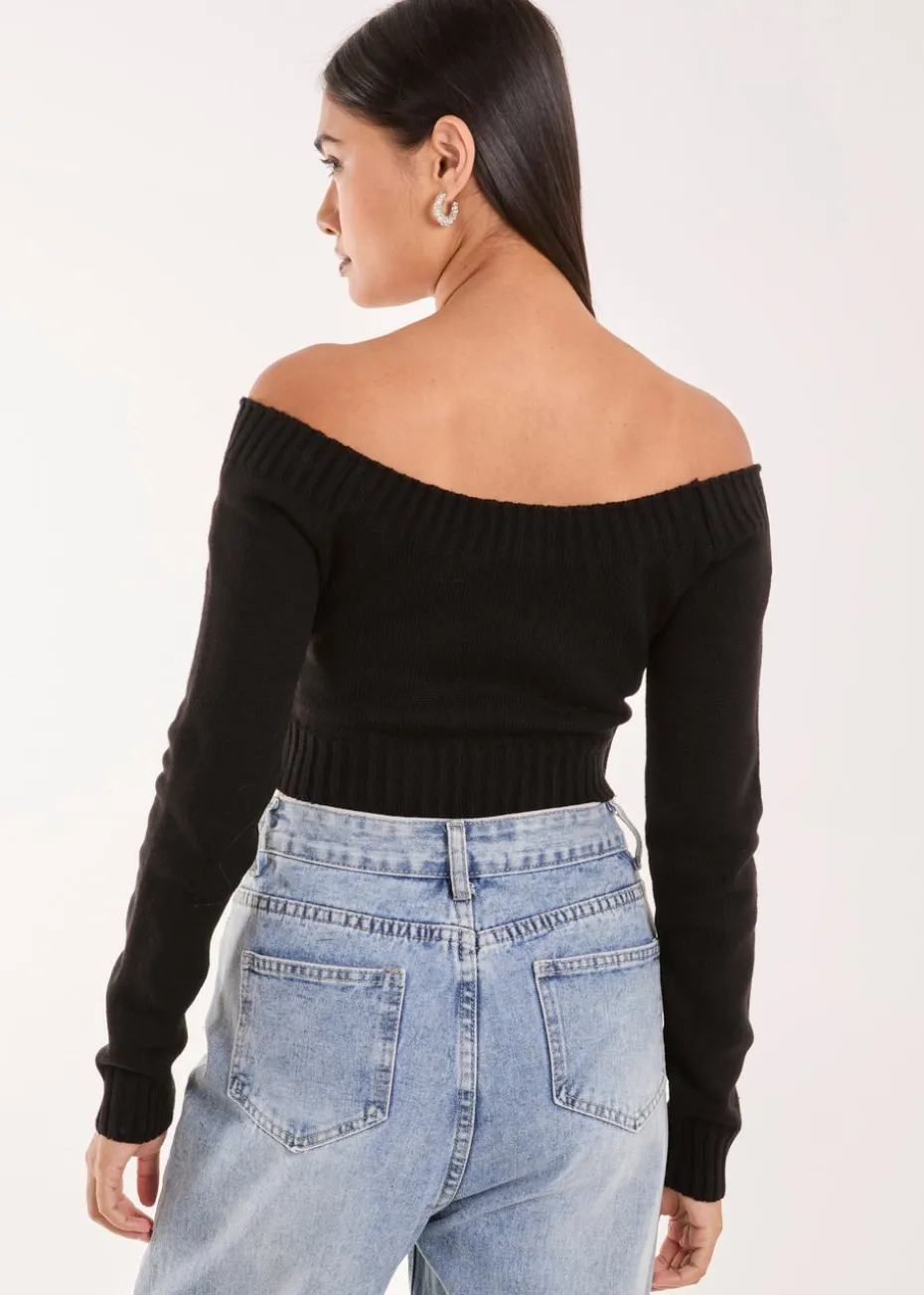 Pink Vanilla Black Off Shoulder Crop Knit Top