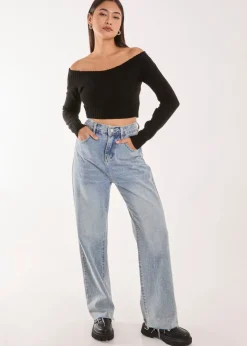 Pink Vanilla Black Off Shoulder Crop Knit Top