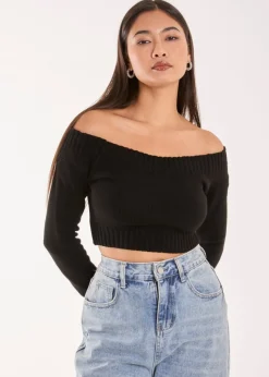 Pink Vanilla Black Off Shoulder Crop Knit Top