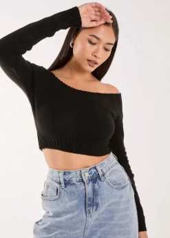 Pink Vanilla Black Off Shoulder Crop Knit Top