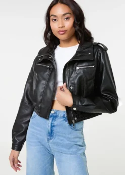 Pink Vanilla Black Pocket Detail PU Cropped Bomber Jacket