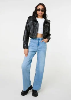 Pink Vanilla Black Pocket Detail PU Cropped Bomber Jacket