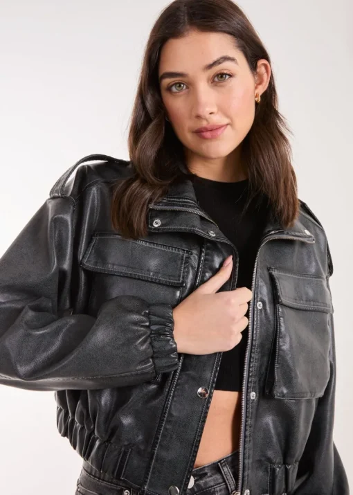 Pink Vanilla Black PU Utility Cropped Bomber Jacket