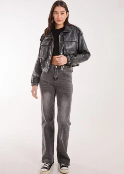 Pink Vanilla Black PU Utility Cropped Bomber Jacket
