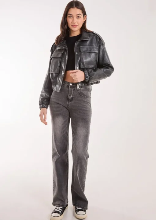 Pink Vanilla Black PU Utility Cropped Bomber Jacket