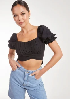 Pink Vanilla Black Puff Sleeve Tie Back Top