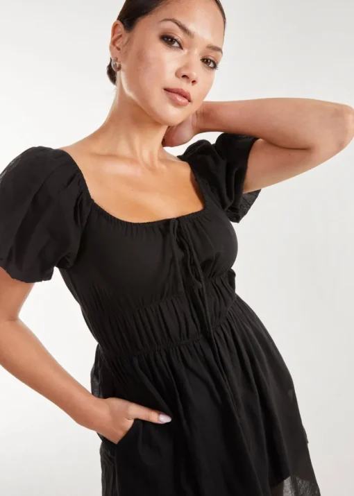 Pink Vanilla Black Puff Sleeve Mini Dress with Shorts