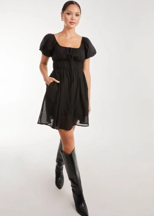 Pink Vanilla Black Puff Sleeve Mini Dress with Shorts