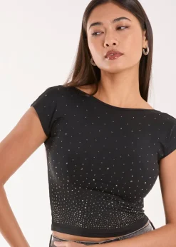 Pink Vanilla Black Rhinestone Scoop Back Top