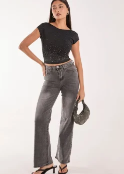 Pink Vanilla Black Rhinestone Scoop Back Top