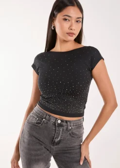 Pink Vanilla Black Rhinestone Scoop Back Top