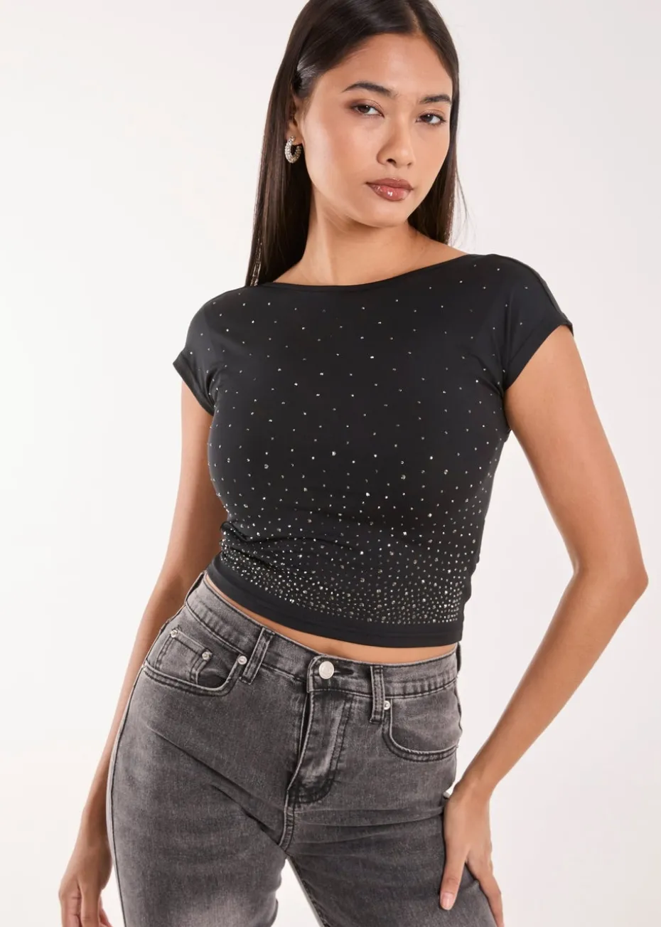 Pink Vanilla Black Rhinestone Scoop Back Top