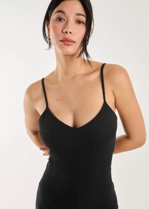 Pink Vanilla Black Ribbed Bodycon Unitard All in One