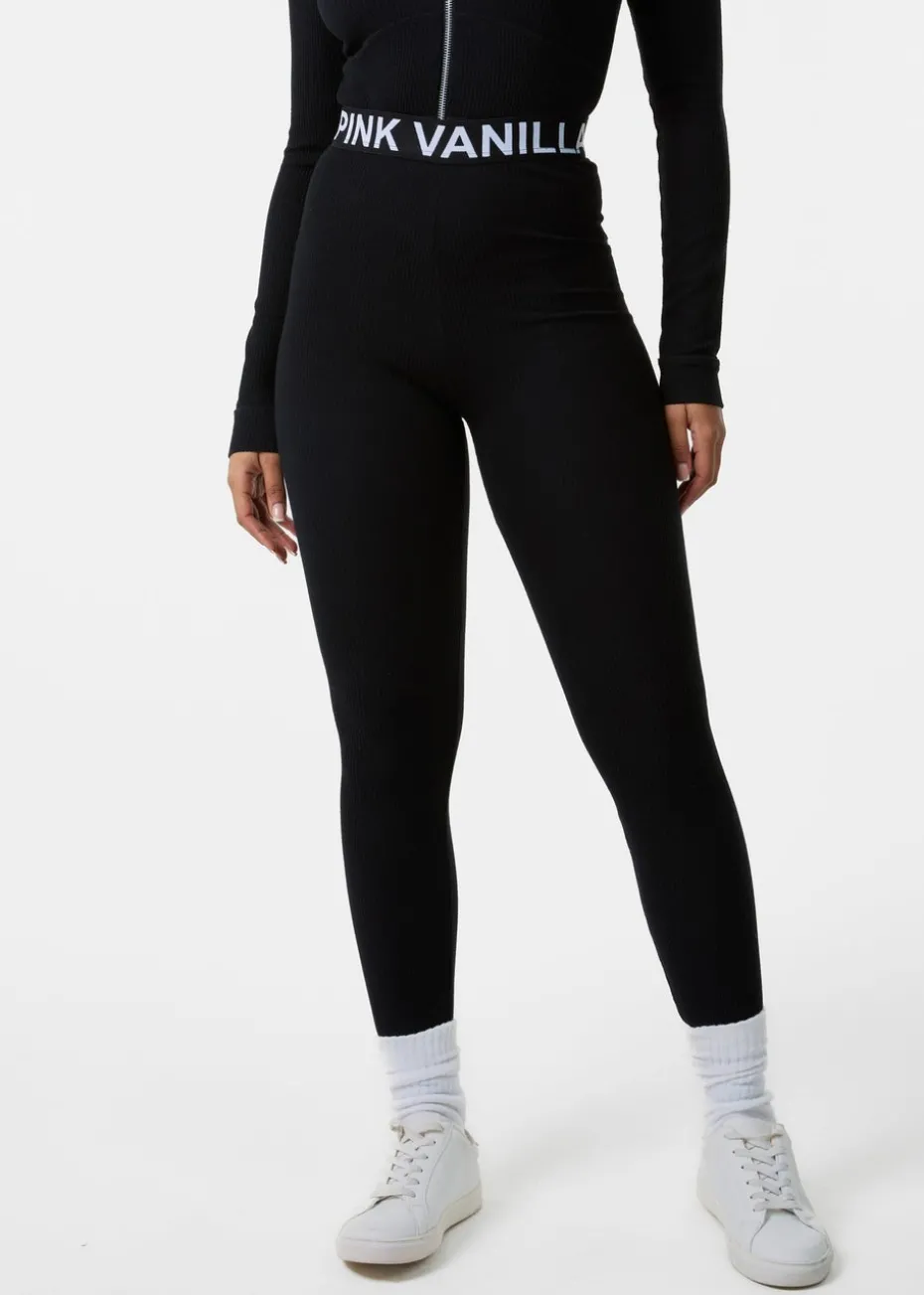 Pink Vanilla Black Ribbed Leggings With Logo Band